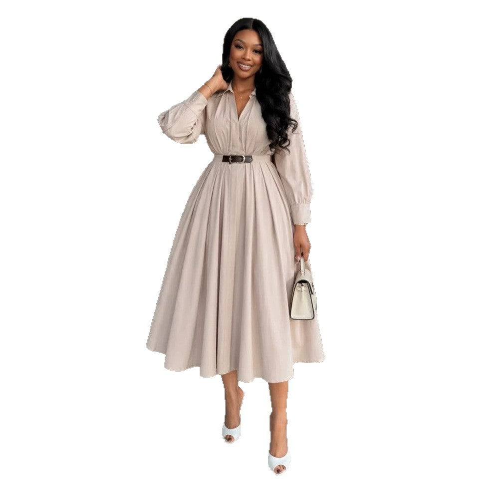 European and american cross-border women's clothing:  summer new arrival - elegant and chic lapel waist-tightening midi shirt dress with long sleeves