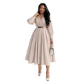 European and american cross-border women's clothing:  summer new arrival - elegant and chic lapel waist-tightening midi shirt dress with long sleeves