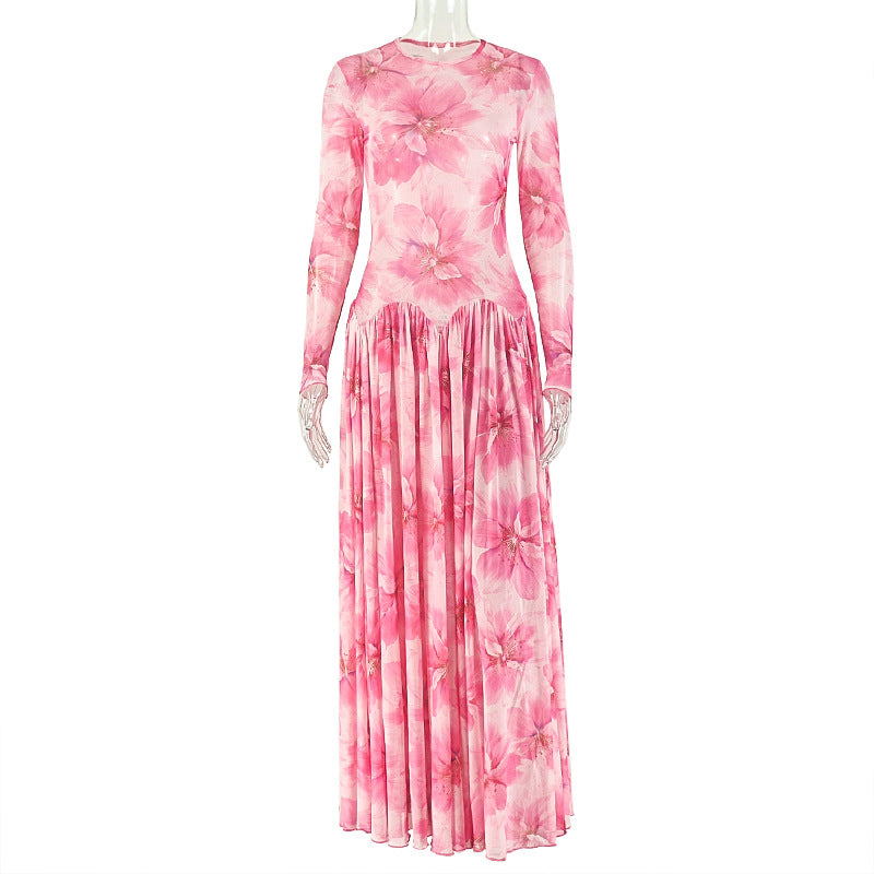 European and american style cross-border ins fresh print women's color block pleated waist slimming a-line dress for going out and gatherings
