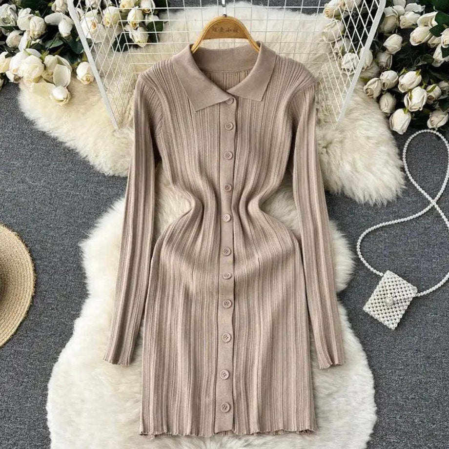 Autumn winternew arrivalfashionfashioneasiest for matchpure colorsilm polo collar pit strip knittinglong sleevesdress short skirt for women