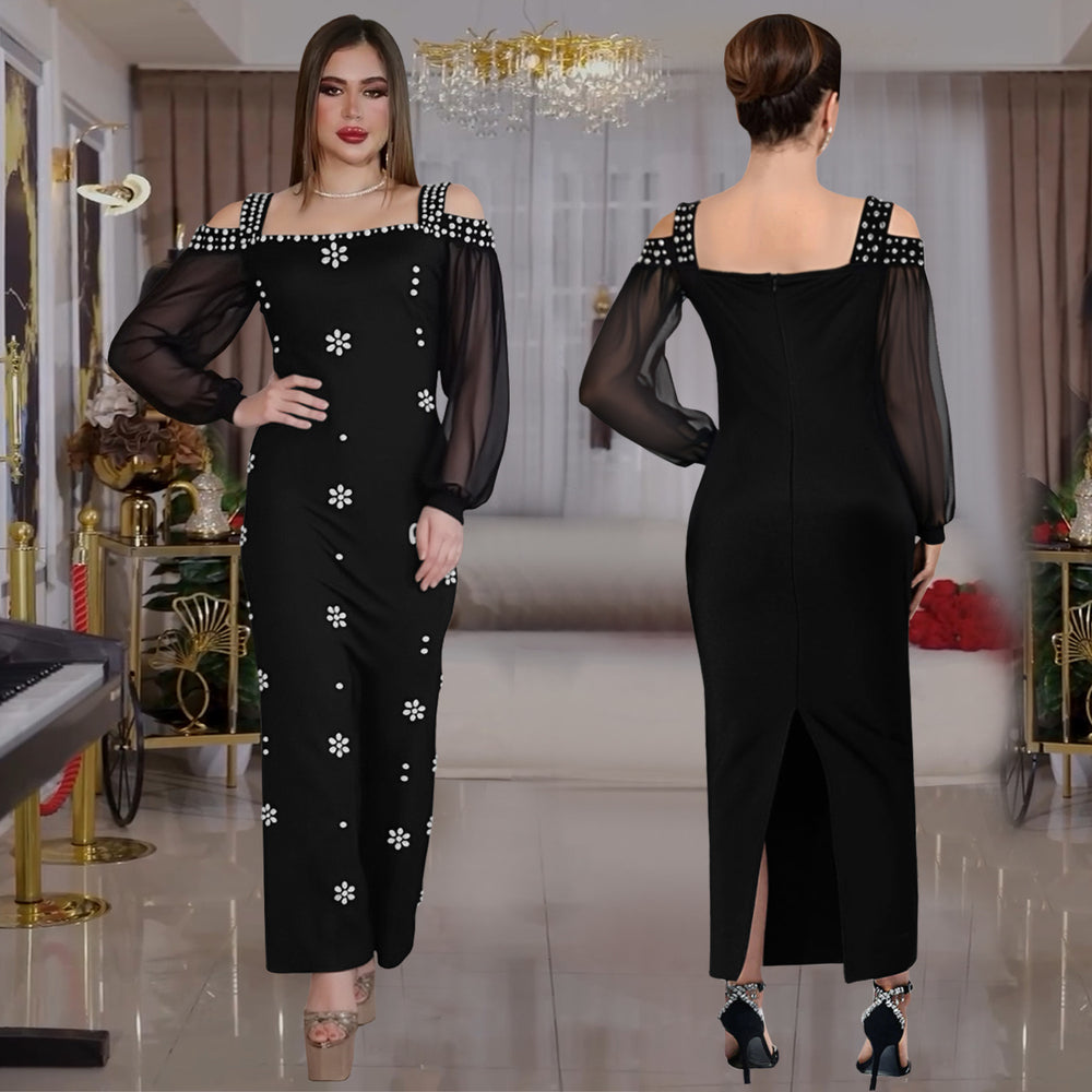 C7415 cross-border   fashion women's elegant rhinestone square neck mesh bodycon dress