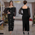 C7415 cross-border   fashion women's elegant rhinestone square neck mesh bodycon dress