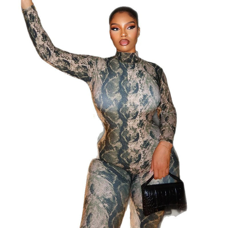 European and american style cross-border printed slim-fit women's jumpsuit - high neck, long sleeve, retro chic, trendy bodysuit