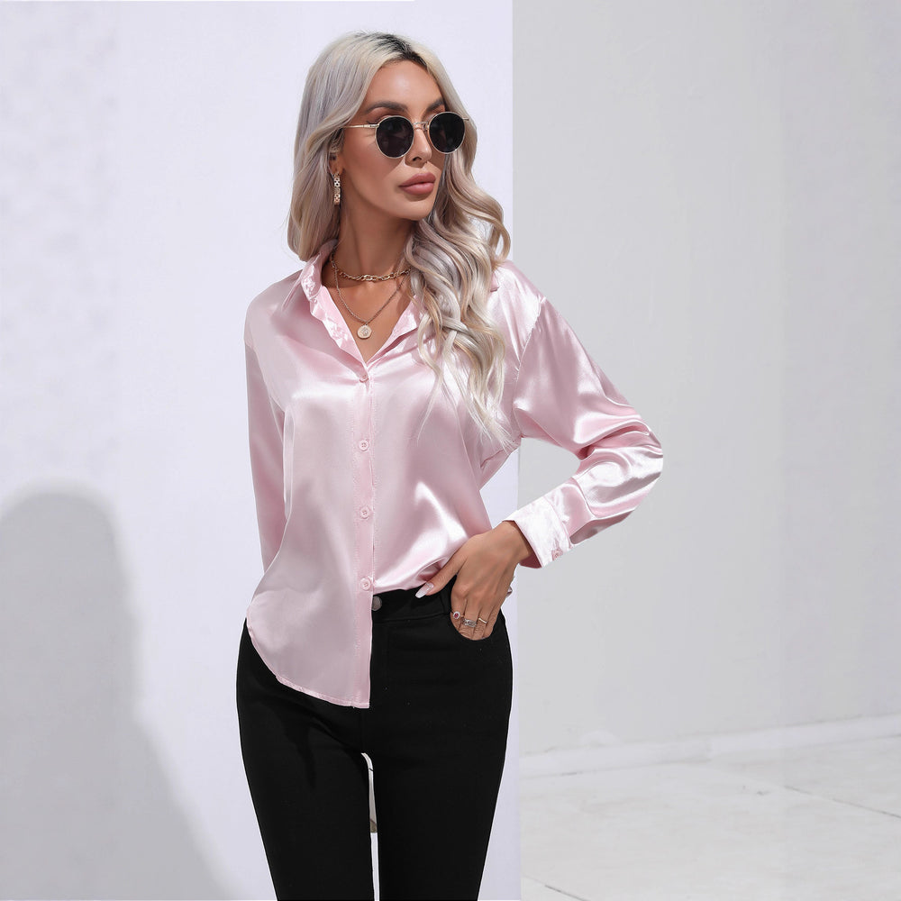 Hot-selling real shot: women's satin shirt - faux silk long sleeve blouse, new spring/summer collection, european & american cross-border women's fashion