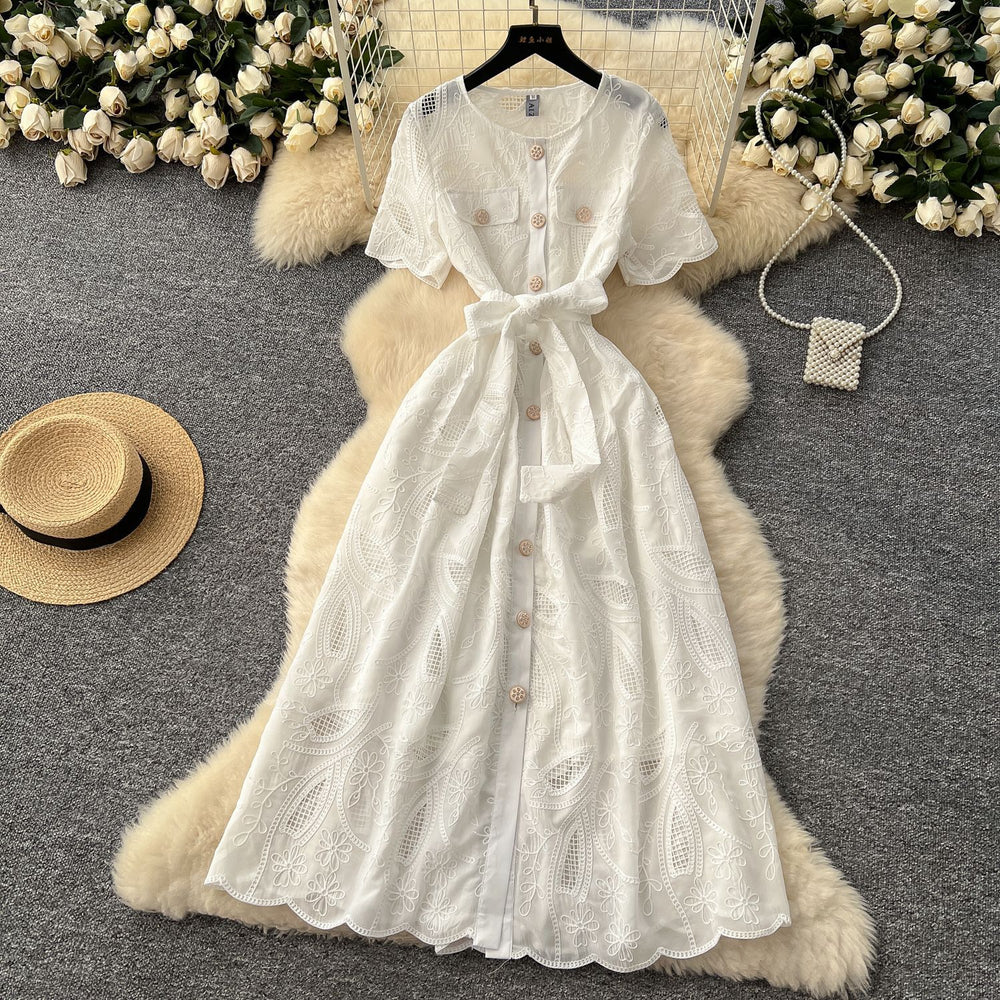 Summer frenchretroheavy industrycut outembroiderround neck waist short sleeve dress women's slimming look single breasted long skirt