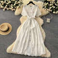 Summer frenchretroheavy industrycut outembroiderround neck waist short sleeve dress women's slimming look single breasted long skirt