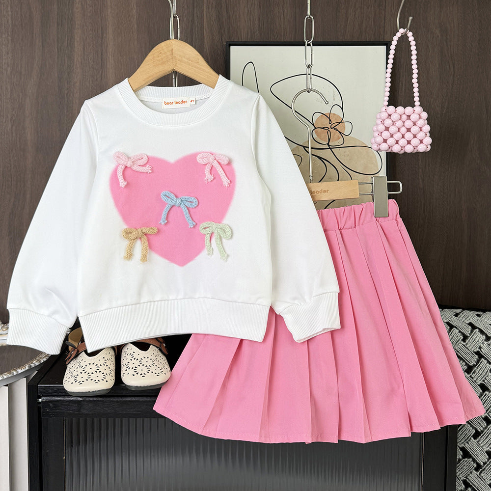 new autumn girls' round neck heart print bow long sleeve sweatshirt pleated skirt two-piece casual set