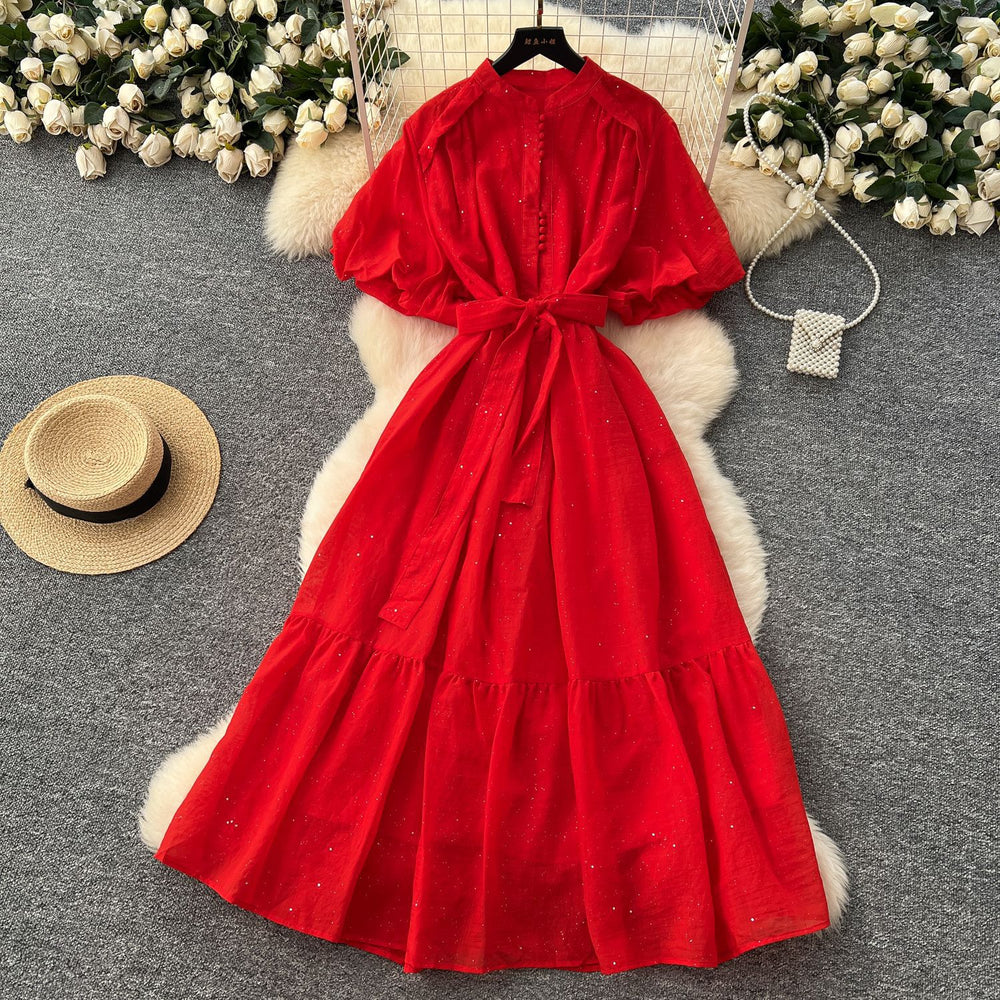 French fashion stand collar lantern sleeve tie-waist dress - slimming, elegant, sparkling ruffle hem maxi dress
