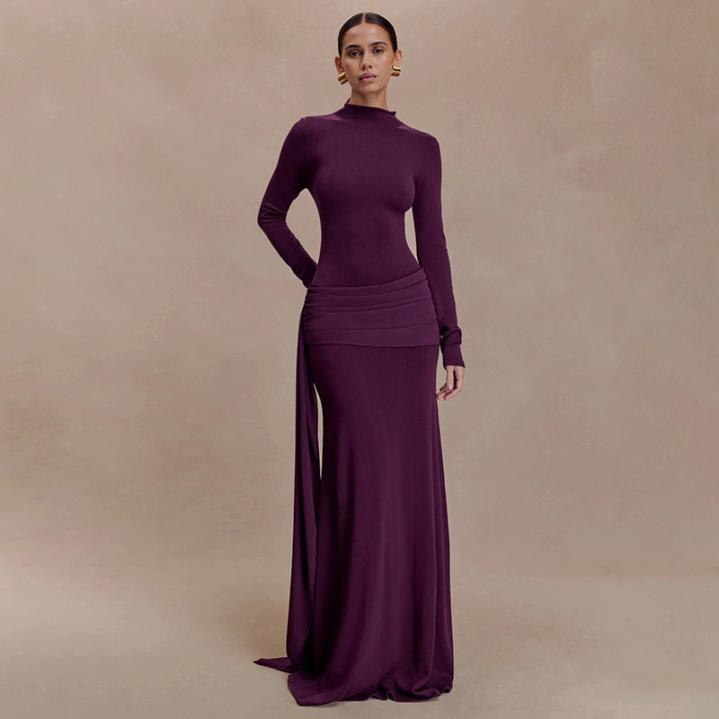 Aliexpress european and american women's winter new arrival: solid color, elegant, long-sleeved, slim-fit maxi dress with ruched detail and flowing ribbon – a touch of grace