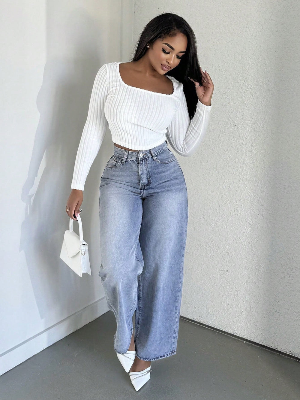 European and american style women's washed high-waisted wide-leg jeans - casual, loose-fit, cropped straight-leg denim pants
