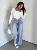 European and american style women's washed high-waisted wide-leg jeans - casual, loose-fit, cropped straight-leg denim pants