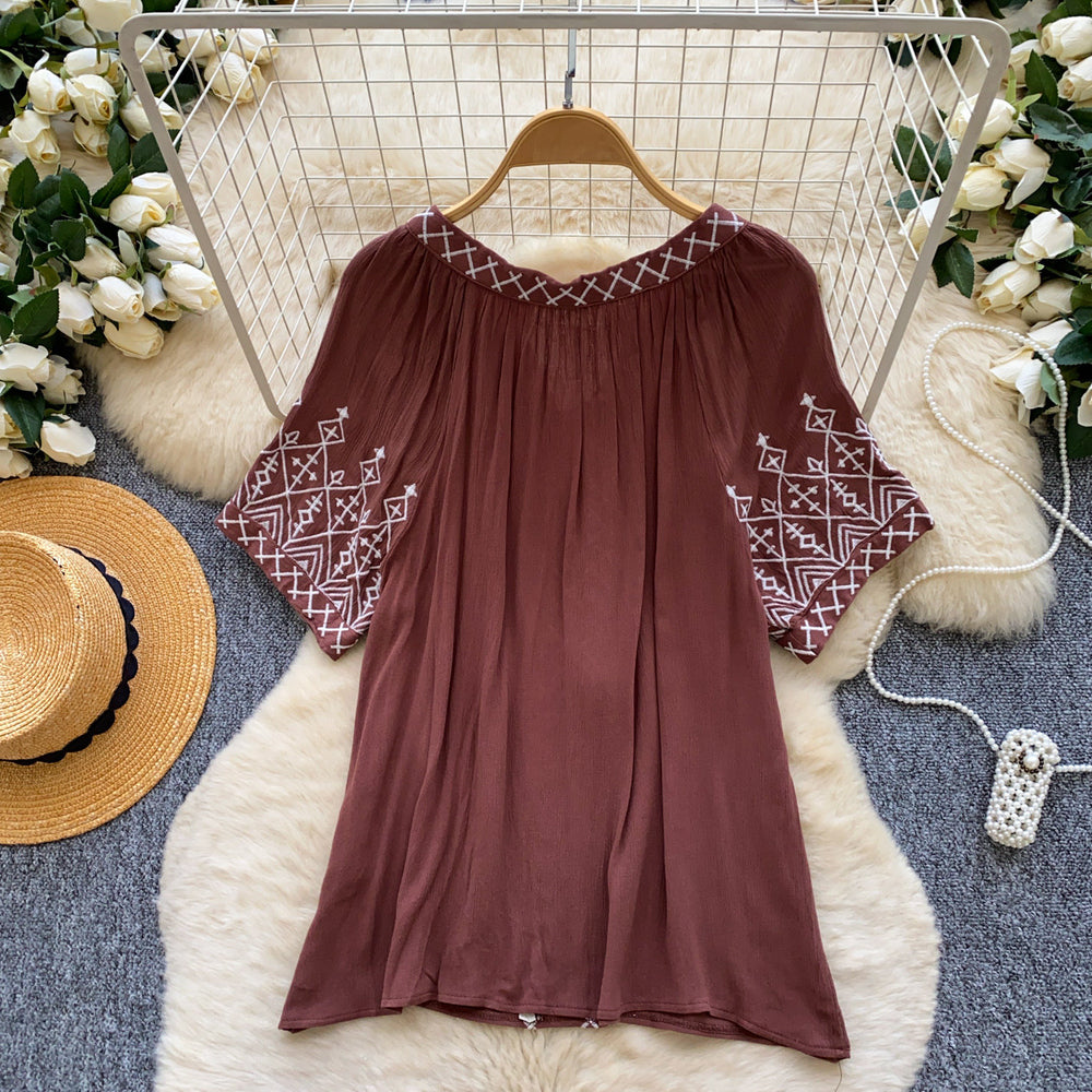 Korean style embroidered breathable ethnic blouse - women's summer short sleeve loose tie-waist top, age-defying commute style