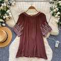 Korean style embroidered breathable ethnic blouse - women's summer short sleeve loose tie-waist top, age-defying commute style