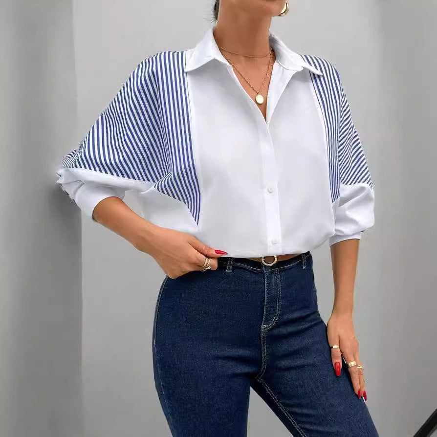 European and american cross-border e-commerce   new arrival: chic commute color block autumn long-sleeve women's blouse