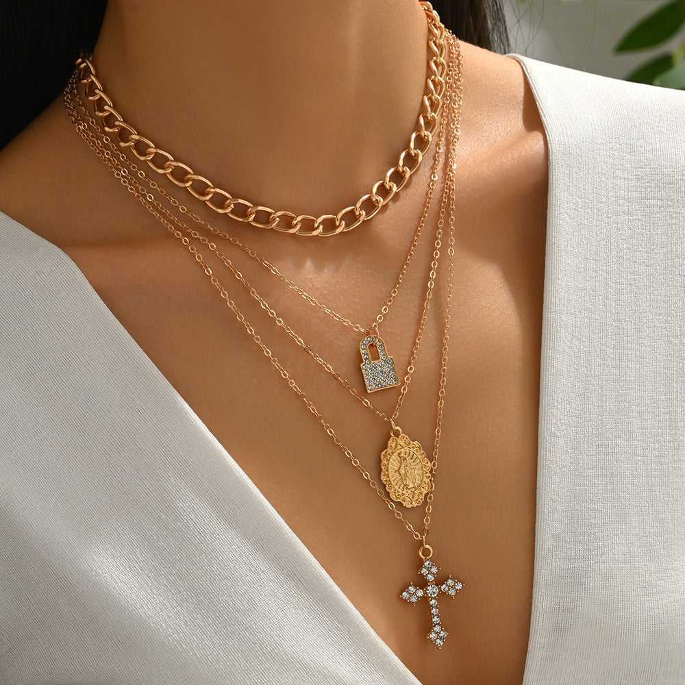 Long cross necklace wholesale fashion cross-border diamond pendant female elegant multi-layer virgin thanksgiving clavicle chain