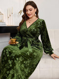 fashioncross-borderplus size women's silm long skirt gold velvet slimming look embossed long sleevesdress
