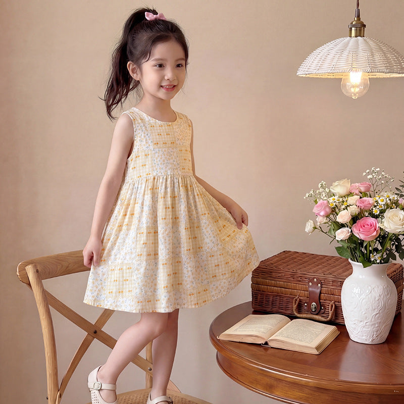 New girls' summer floral cotton silk dress - baby girl casual sweet style princess dress - stylish and trendy children's clothing