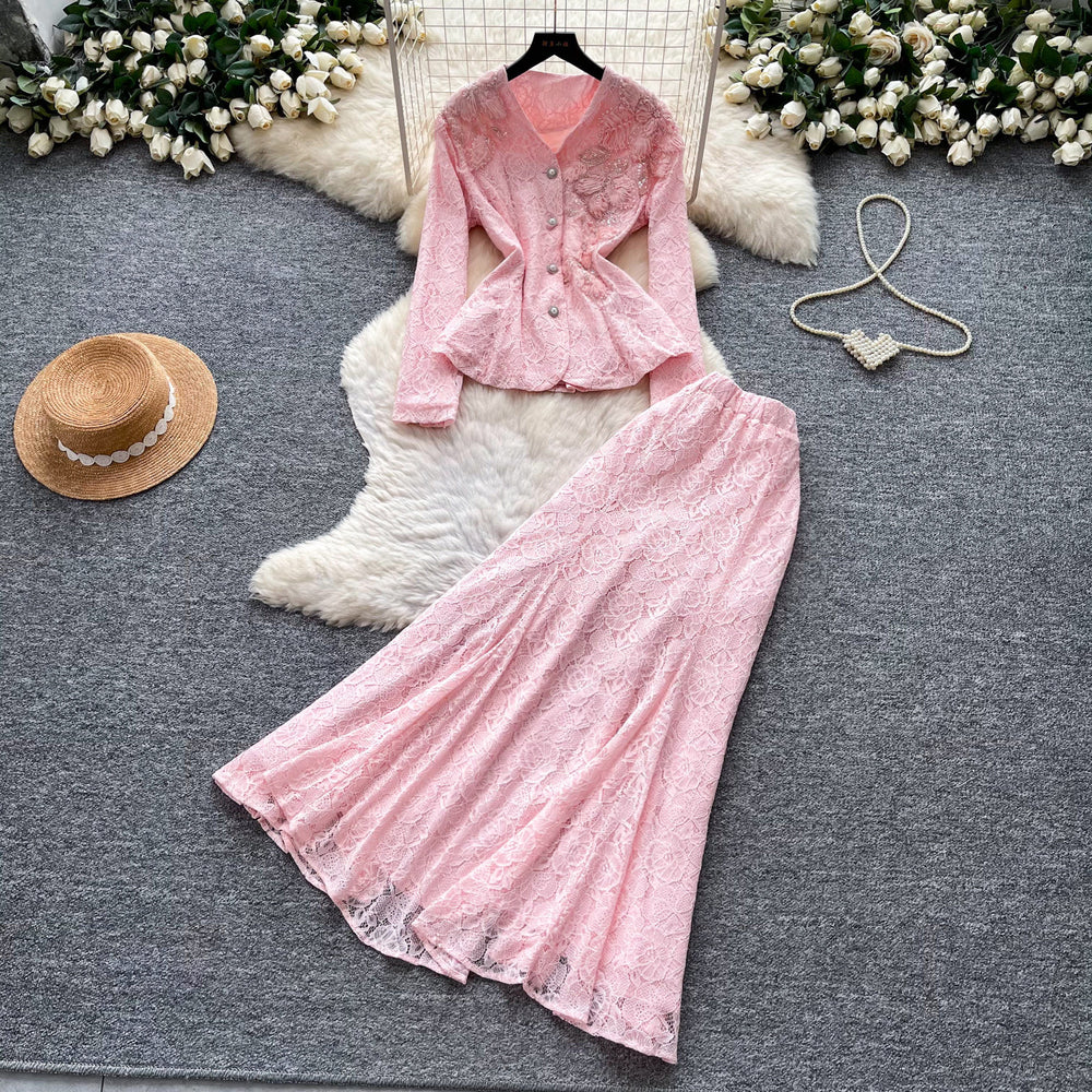 French chic v-neck embroidered beaded lace two-piece set - women's autumn commute slim-fit high-end elegant outfit