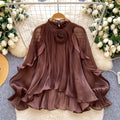 French-style 3d floral mesh lantern sleeve blouse - women's early spring commute style, relaxed fit, pleated detail, soft & youthful top