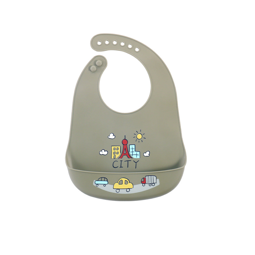 Children's silicone printed flat bib platinum silicon Baby feeding tableware set Anti-dirty saliva pocket