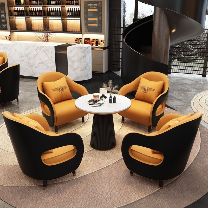 Minimalist commercial reception area casual sofa small round table set hotel reception negotiation table and chairs business leather sofa