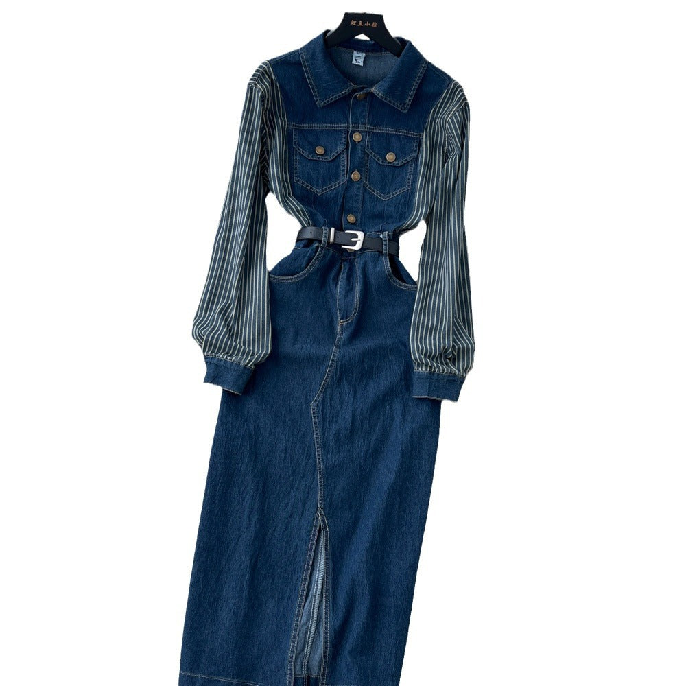 French-inspired, niche long-sleeved striped denim dress with a collared neckline, metal button detailing, a fitted waist, and a stylish slit