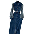 French-inspired, niche long-sleeved striped denim dress with a collared neckline, metal button detailing, a fitted waist, and a stylish slit
