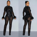 C6808 cross-border   fashion women's solid color mesh feather long sleeve top and pants two-piece set