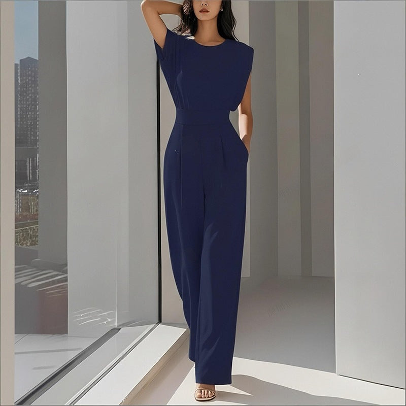cross-border european and american women's clothing: new summer collection - chic and elegant "queen bee" style solid color fitted jumpsuit