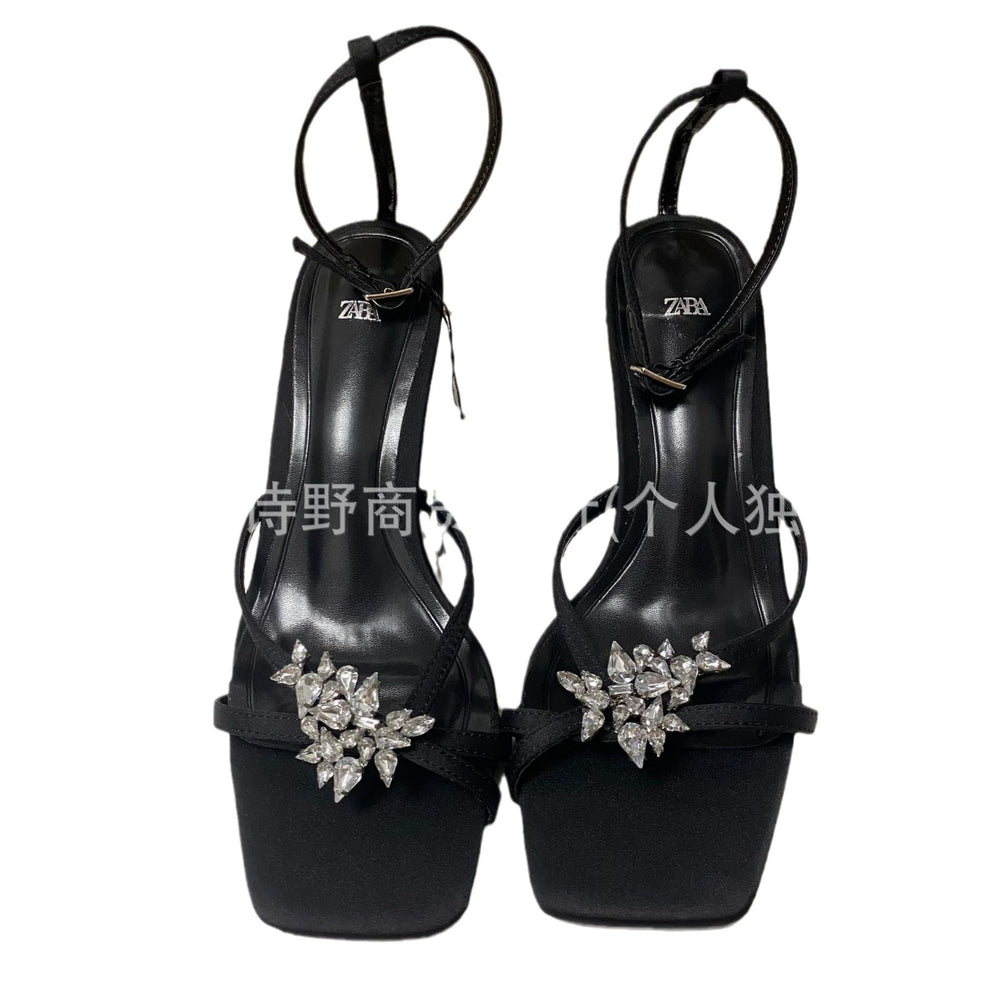 Zr2024 summer new women's shoes black rhinestone-embellished thong sandals with square toe and stiletto heel