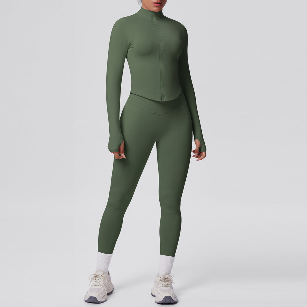 seamless pure color tight high elastic breathable zipper nine-point sports suit running fitness yoga suit two-piece set