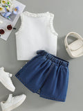 new summer cross-border ruffle trim crew neck top & heavy-duty denim beaded skort set (two-piece)