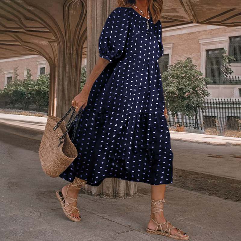 retrodress sundress puff sleeves polka dot printing summer casual plus size women's suit