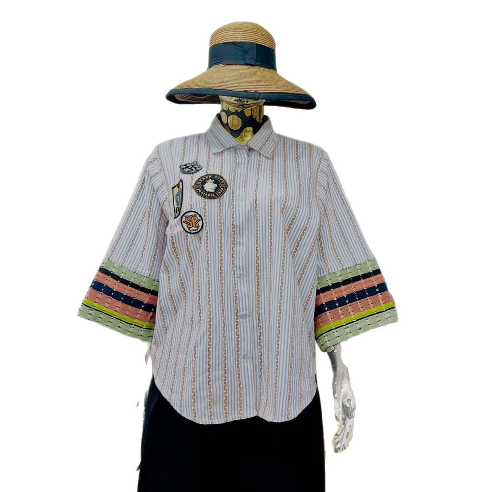 European and american cross-border women's fashion:  summer new arrival - stylish and elegant turn-down collar, loose fit, plus size, striped patchwork shirt top