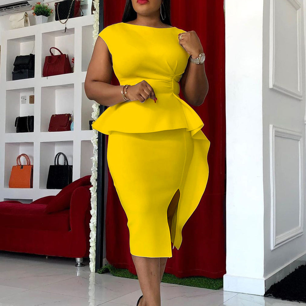 Q052   summer new solid color bodycon ruffle pleated plus size european and american style dress
