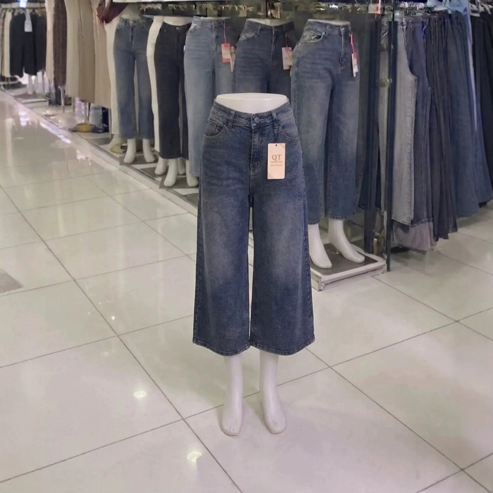 New arrival women's jeans high waist washed wide leg slightly flared cropped pants wholesale women cropped jeans