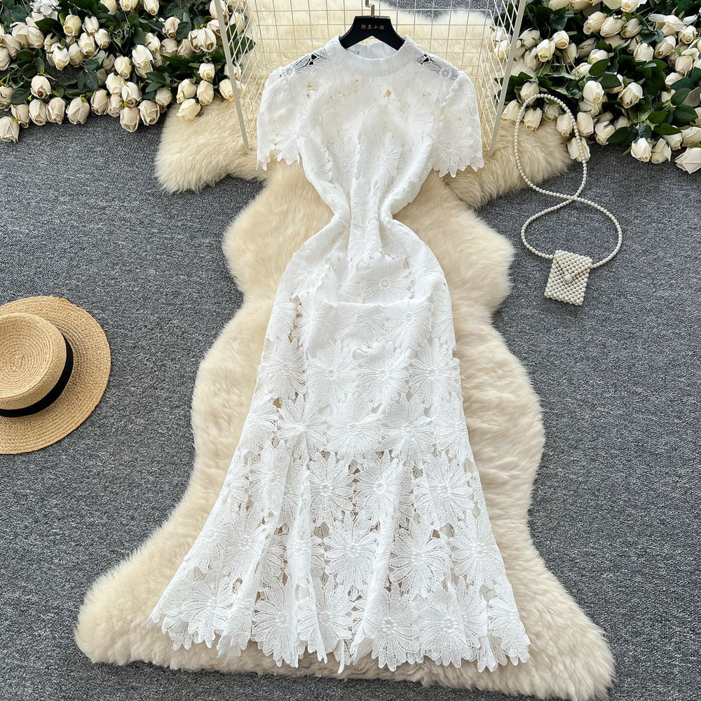 Frenchaccessible luxury celebrity heavy industry cut out crochet lace silmdress women's waist elegant mermaid dress long skirt