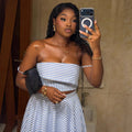 European and american cross-border women's fashion:  summer new collection - stylish blue and white striped camisole top with high-waisted midi skirt set