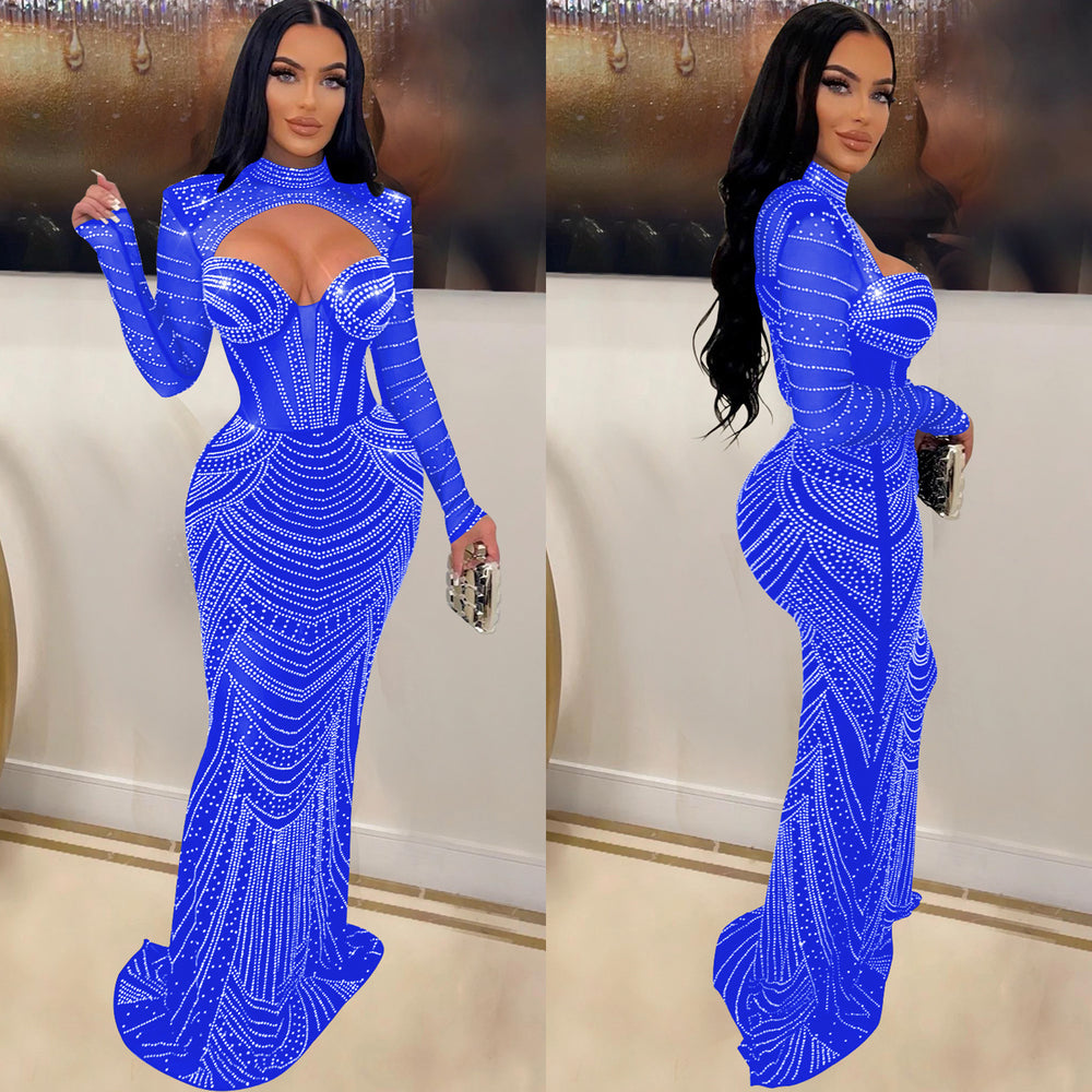 C6170 cross-border   fashion women's solid color hotfix rhinestone mesh long sleeve v-neck dress