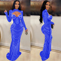 C6170 cross-border   fashion women's solid color hotfix rhinestone mesh long sleeve v-neck dress