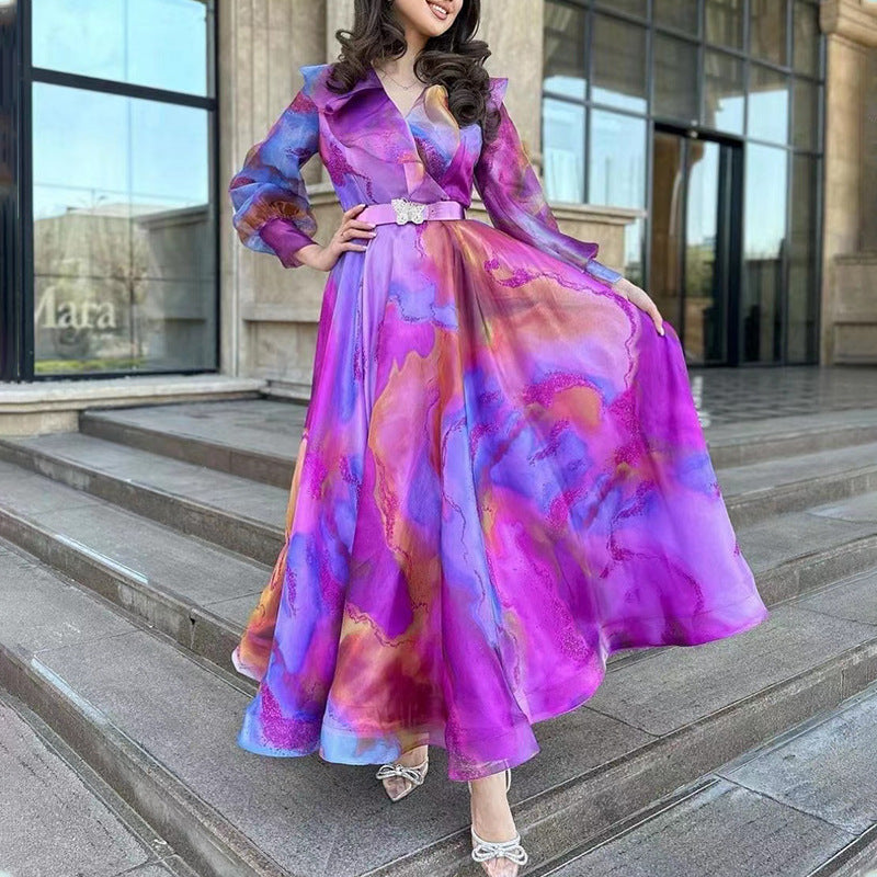 spring/summer new european and american export print maxi mesh dress - commute-friendly plus size women's dress