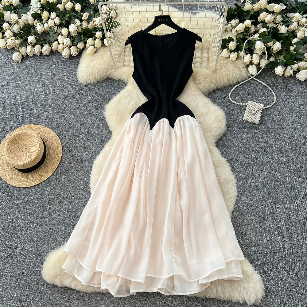summer women's fashion: unique, high-end color block sleeveless mesh dress with cinched waist - french style maxi dress