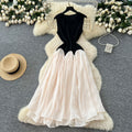 summer women's fashion: unique, high-end color block sleeveless mesh dress with cinched waist - french style maxi dress