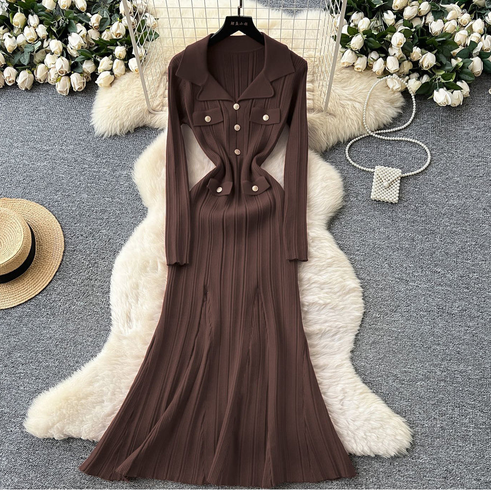 export tweed styleelegance lapel long sleeves metal button waist knittingdressautumslimming look midi skirt