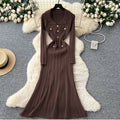 export tweed styleelegance lapel long sleeves metal button waist knittingdressautumslimming look midi skirt