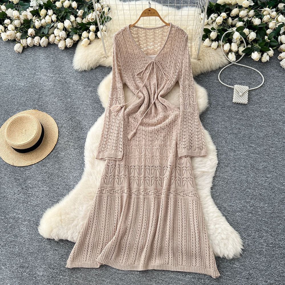 Korean chic sweet & gentle style hollow-out crochet lace-up v-neck long sleeve knitted dress - women's high-end maxi dress