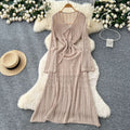Korean chic sweet & gentle style hollow-out crochet lace-up v-neck long sleeve knitted dress - women's high-end maxi dress