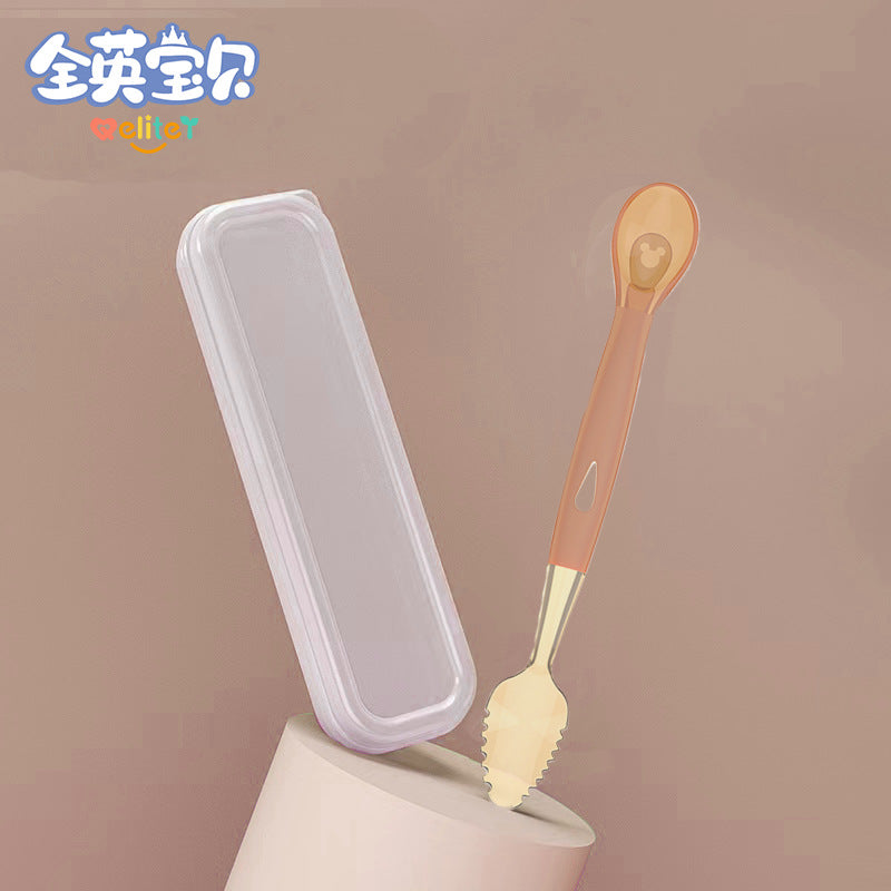 Double-headed mud scraping spoon baby silicone soft spoon baby food supplement artifact newborn eating fruit training fork and spoon set