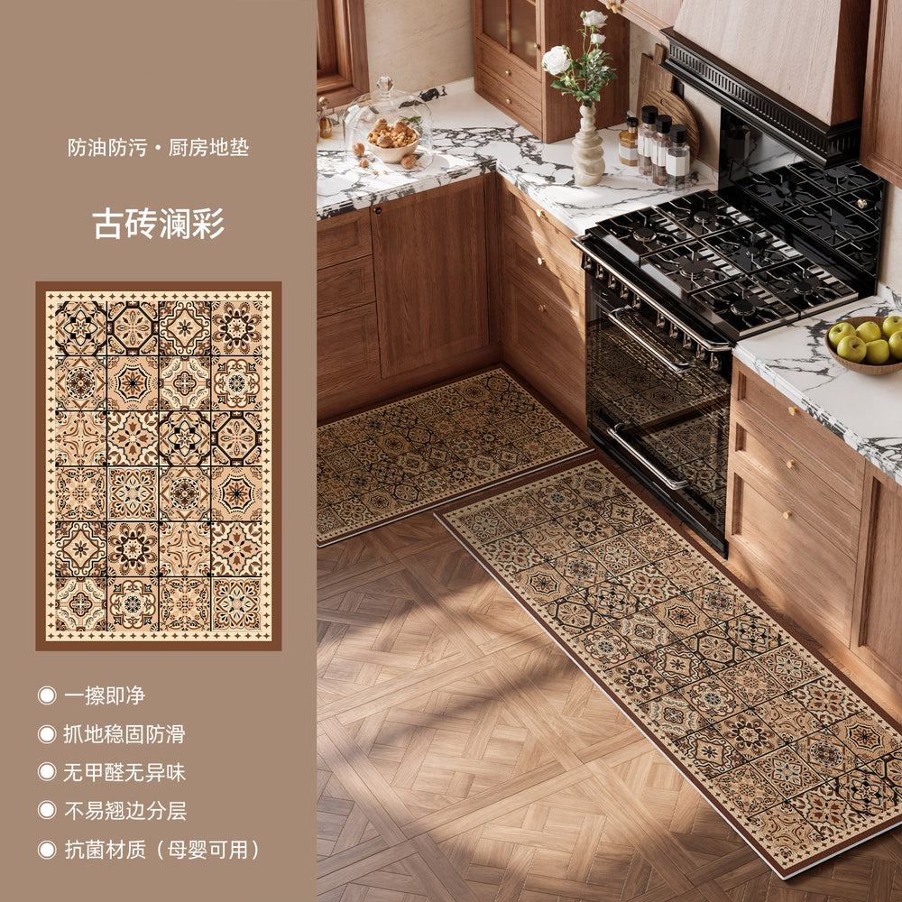 Kitchen floor mat, non-slip, oil-proof, american retro pvc, cuttable, waterproof, high-end feel, foot mat, wipeable, no-wash, for home