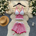 Sexyv neckknitting vest women's summer hot girl style tie backshortstwo-piece set holiday styleelegantsuit